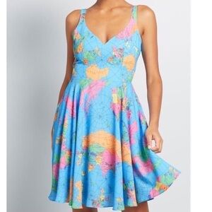 Modcloth Liza Luxe Map Dress Global Intentions Fit and Flare Dress Blue Sz M